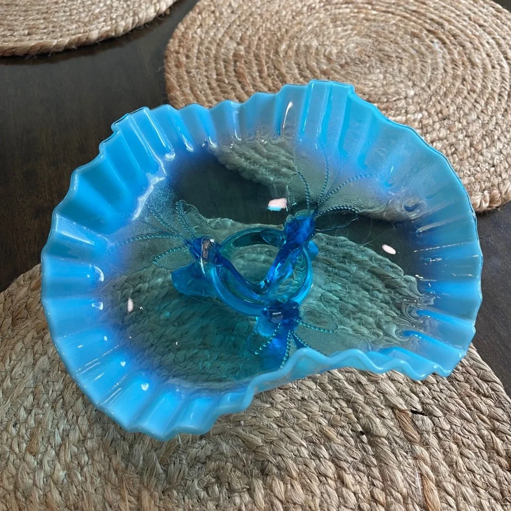 Vintage Blue Opalescent Glass Ruffled Footed Candy Dish Compote